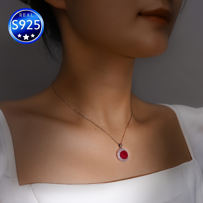 S925 Silver Rose Red Synthetic Gemstone Necklace for Daily Wear Wedding